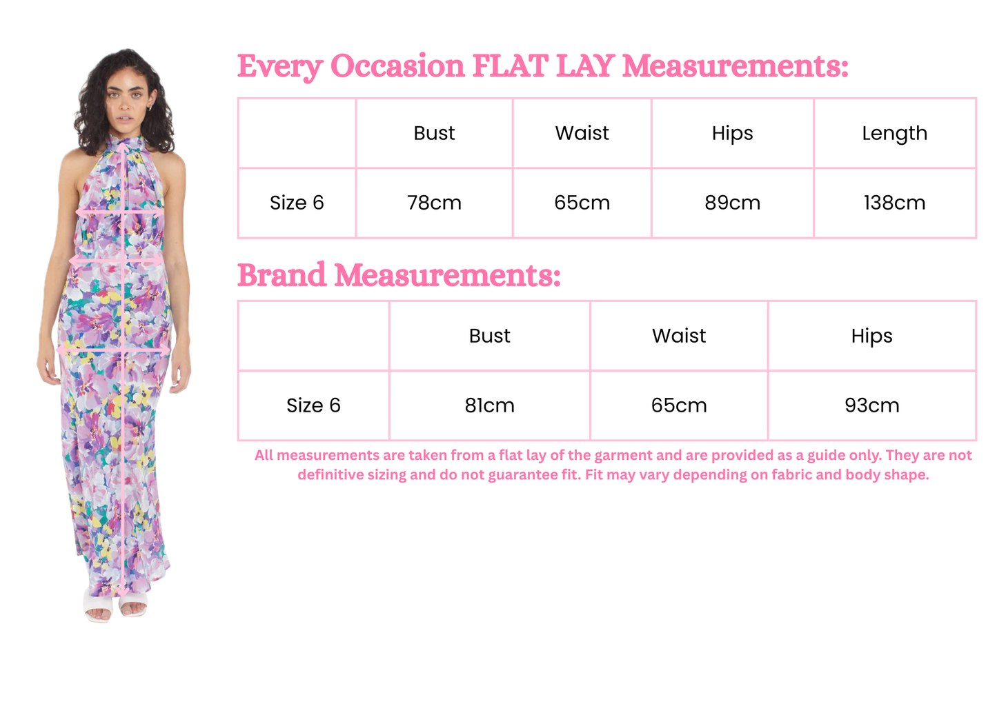 Measurement chart for a gigi silk halter dress