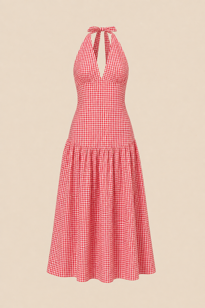 RUBY - Relaxe Halter Dress in Red Gingham