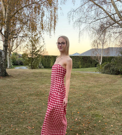 RUBY - Trulli Strapless Maxi Dress in Red Gingham