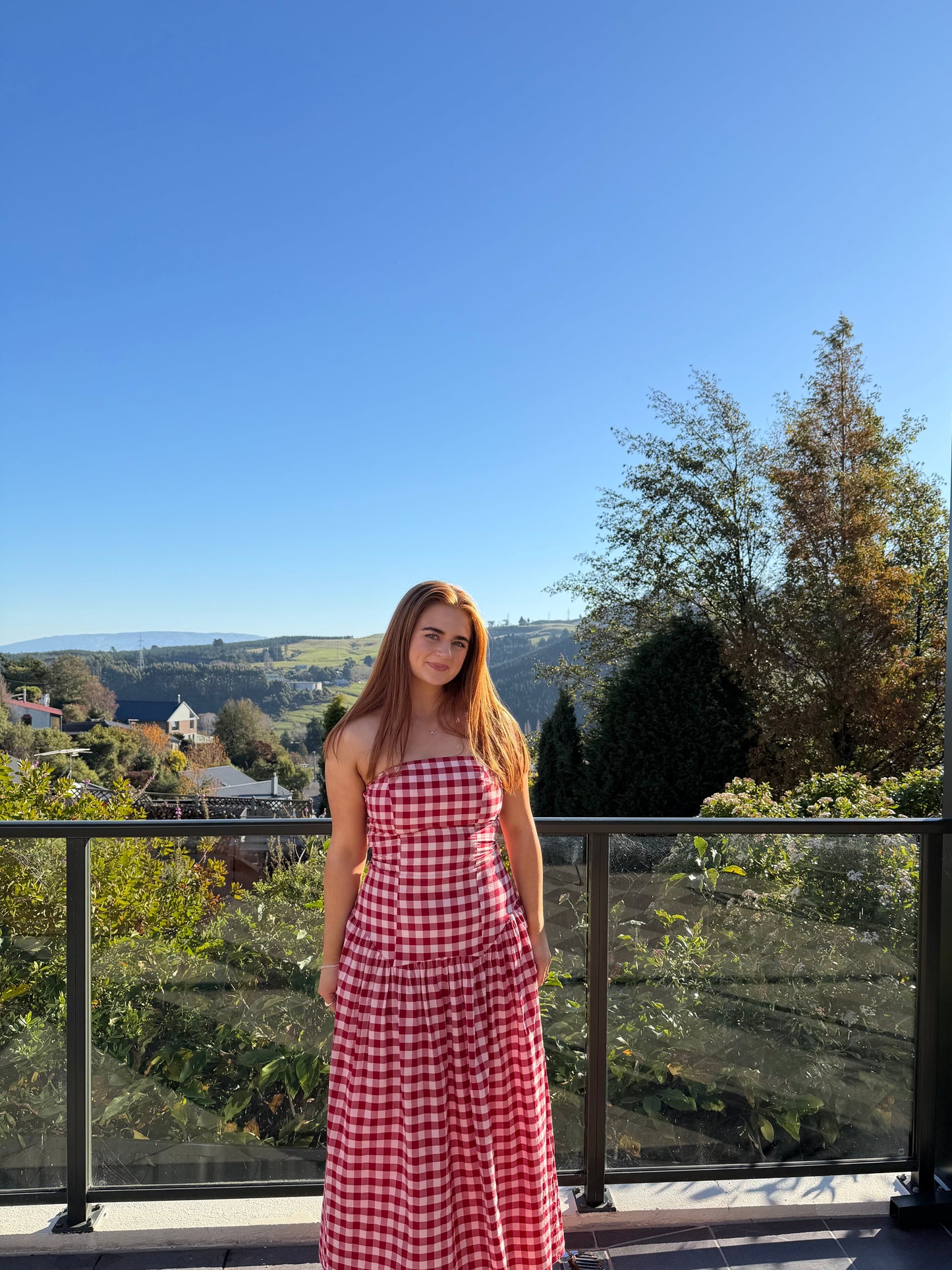 RUBY - Trulli Strapless Maxi Dress in Red Gingham
