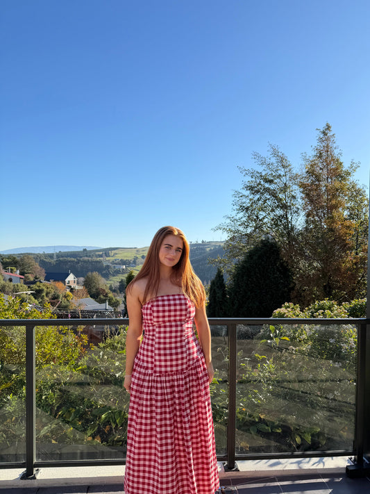 RUBY - Trulli Strapless Maxi Dress in Red Gingham