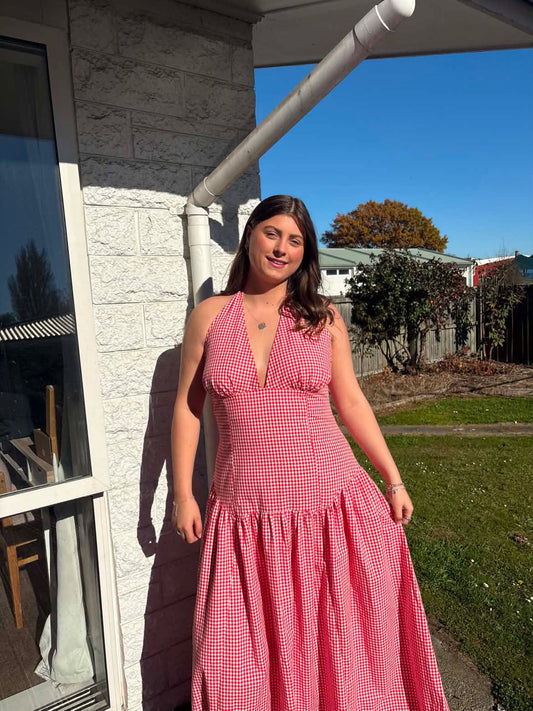 RUBY - Relaxe Halter Dress in Red Gingham