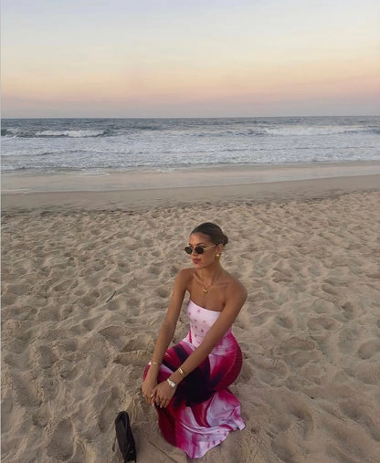 With Harper Lu - Strapless Slip Dress in Fuchsia Mosaic